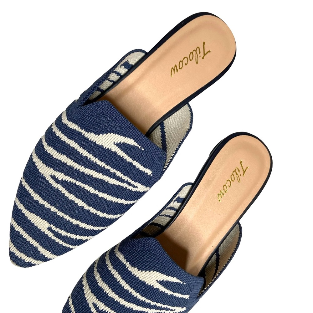 TILOCOW Blue Zebra Stripe Pointed Toe Knit Mules - Picture 6 of 16